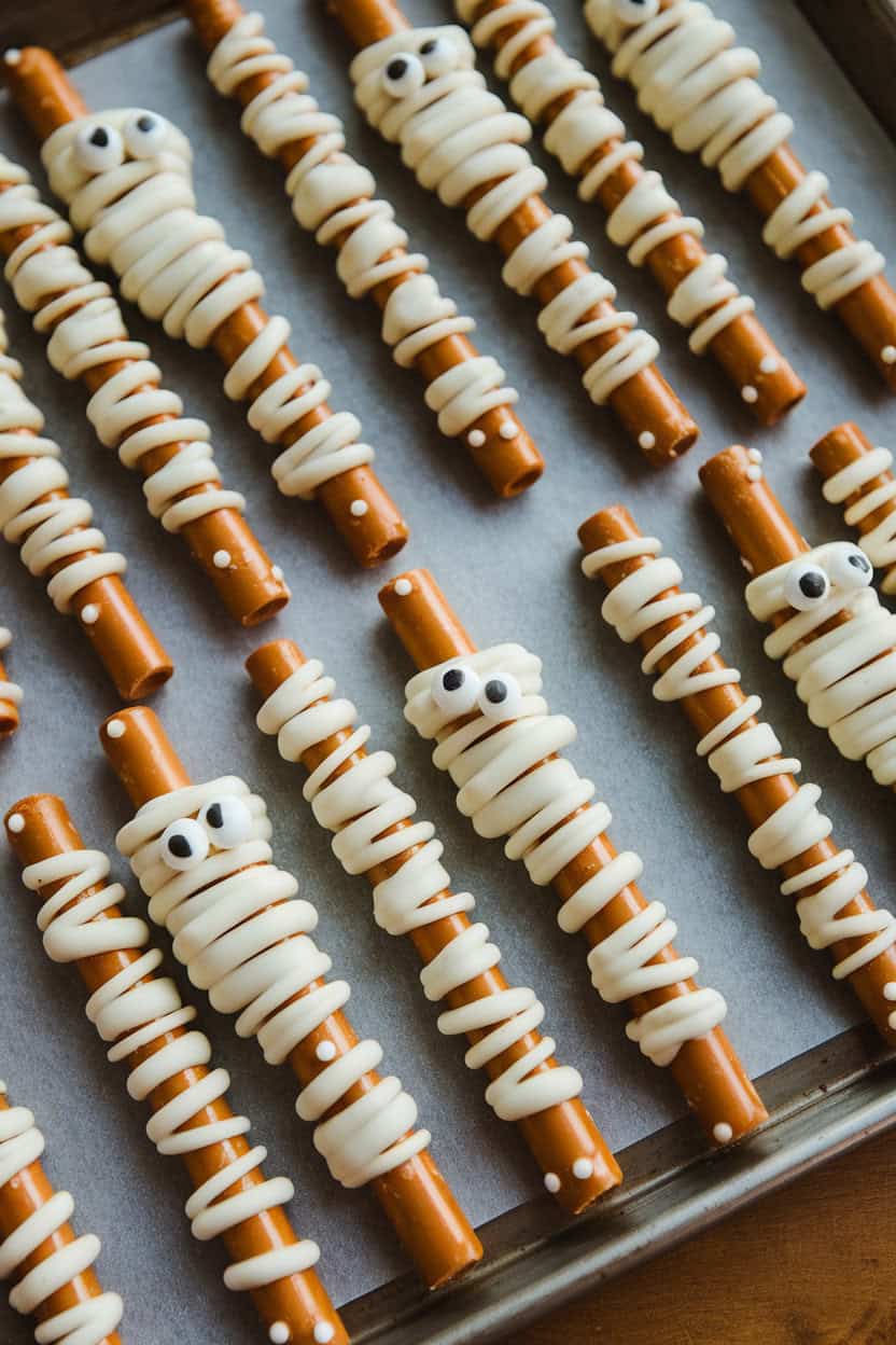 Photo, not illustration. Pretzel rods on an indoor baking sheet coated with white chocolate ribbons resembling mummy bandages, dotted with tiny candy eyes. No logos present.