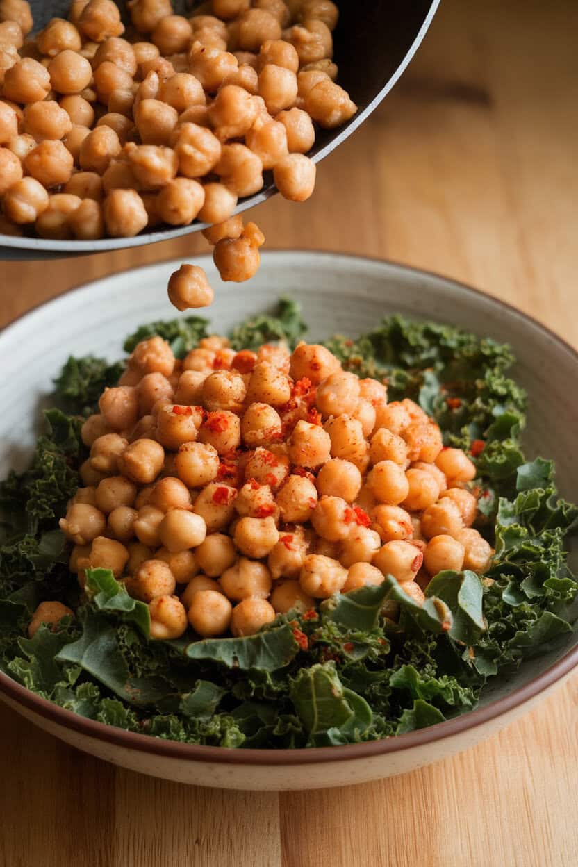Indoor scene with a skillet of warm chickpeas poured over ribboned kale in a serving bowl, sprinkled with red pepper flakes. No logos or text. Photo.