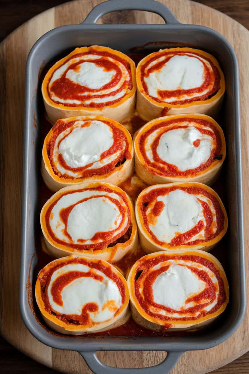 Indoor photo of a baking dish showing spiral lasagna rolls stuffed with butternut squash and ricotta, marinara pooled around edges; melted mozzarella on top, no text or logos.