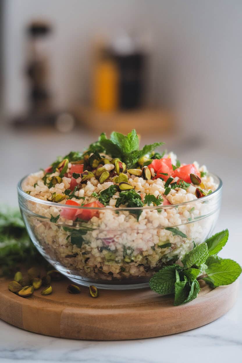 An indoor salad bowl of bulgur wheat mixed with chopped mint, parsley, pistachios, and diced tomato. Bright but soft lighting; no text or logos. Photo only.