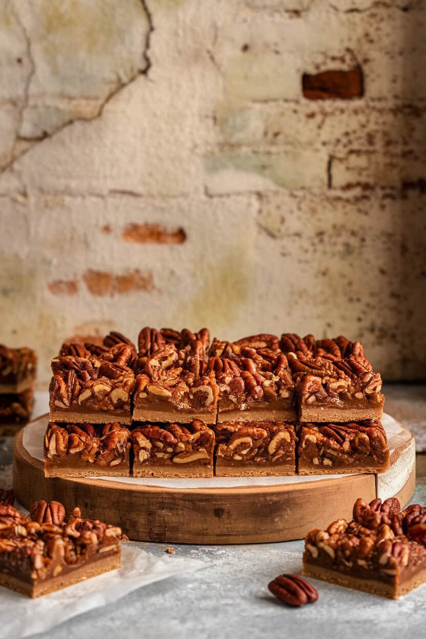 Indoor bakery-style display of pecan pie bars with gooey filling and crumbly shortbread crust, no text visible.