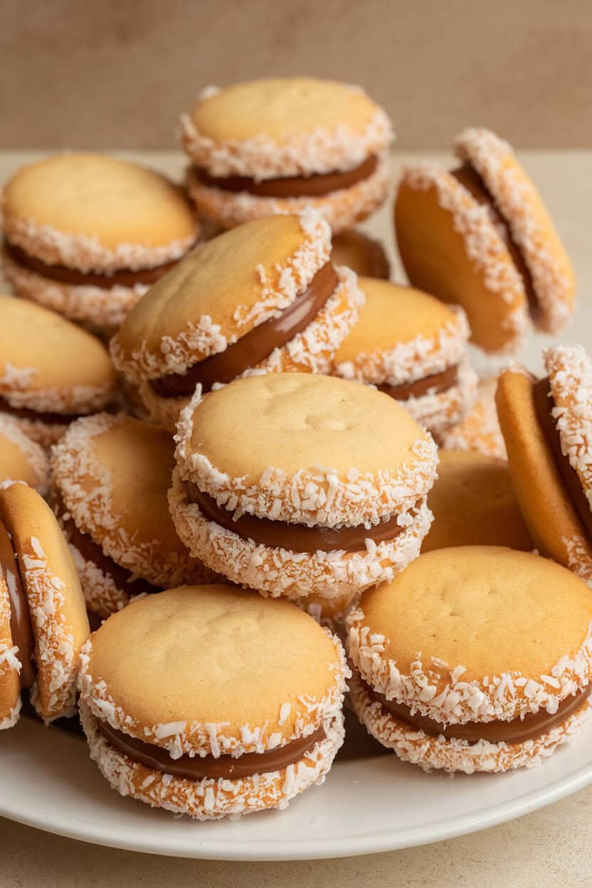Indoor image of sandwich cookies rolled in shredded coconut, caramel filling visible between tender rounds; no logos present.