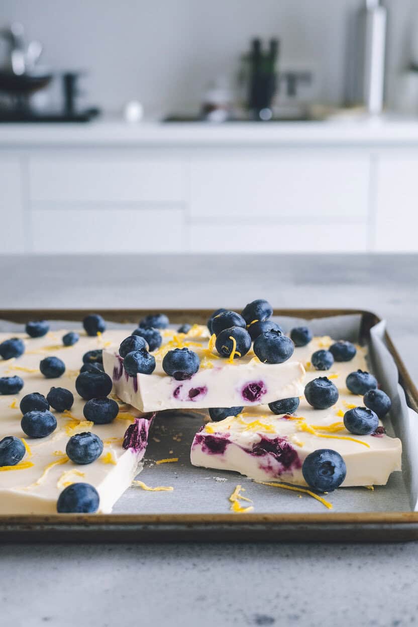 Indoor countertop with broken pieces of frozen yogurt bark studded with blueberries and lemon zest on a baking sheet, no text or logos, photo style