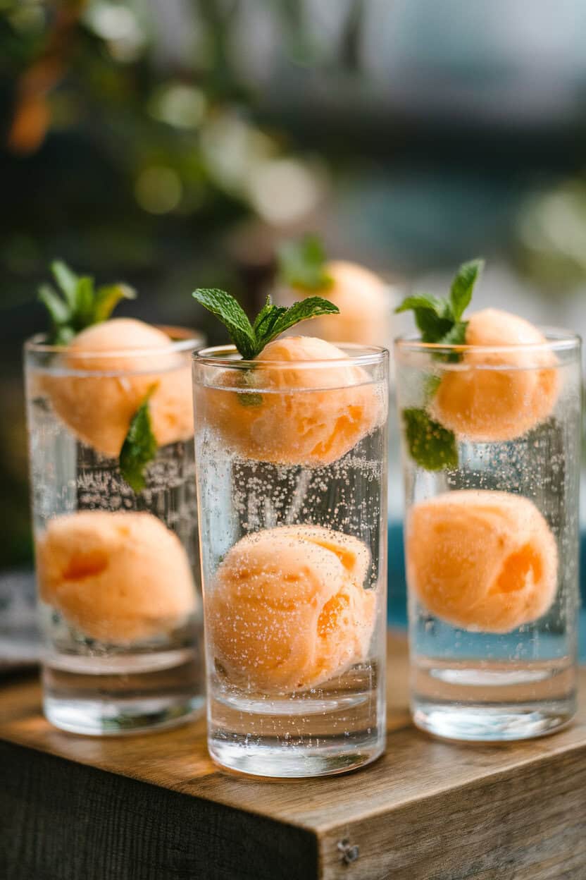 Photo prompt: Indoor highball glasses filled with tangerine sorbet scoops topped with sparkling water, tiny mint leaves floating, no text or logos.