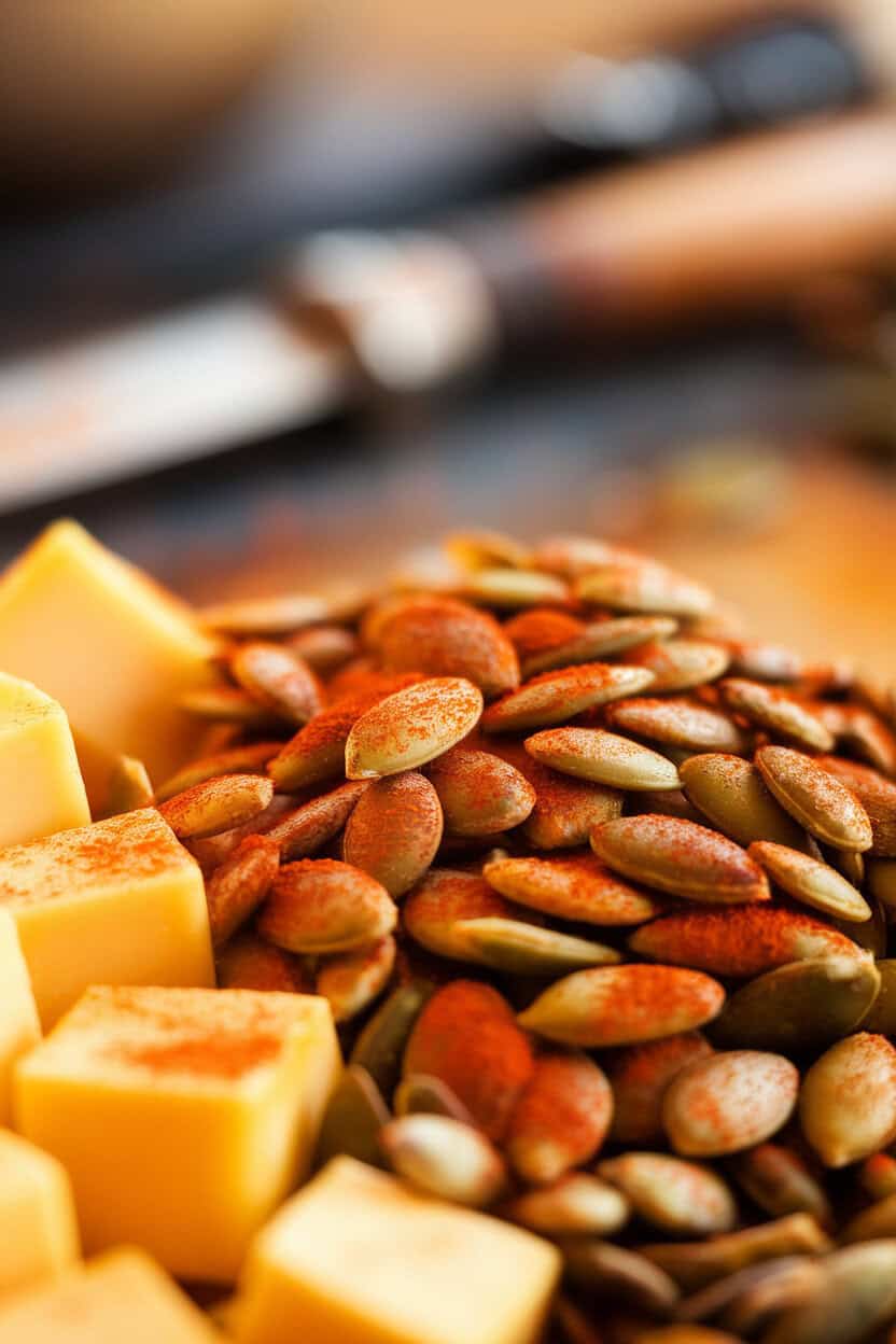 Indoor macro photo of toasted pumpkin seeds lightly dusted with paprika, heaped beside cheese cubes. No text or logos.