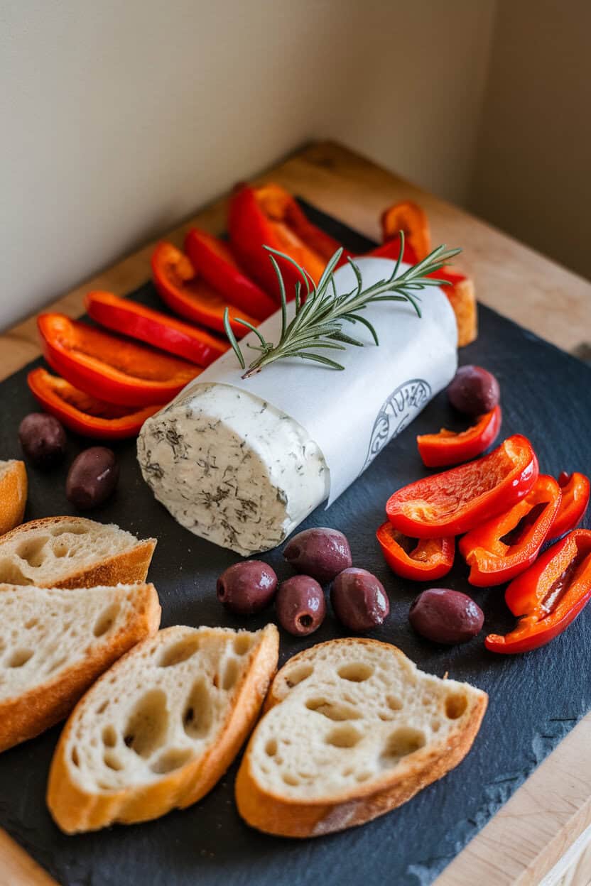 Indoor photo of garlic-herb goat cheese log, roasted red peppers, kalamata olives, and toasted baguette slices on a slate. No text or logos.