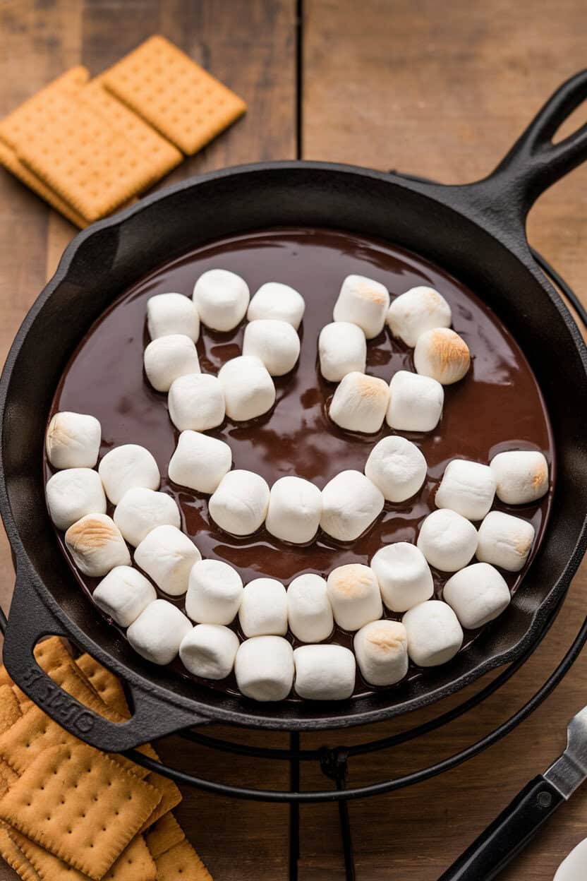 Photo, not illustration. Cast-iron skillet on an indoor trivet filled with melted chocolate and toasted marshmallows arranged like ghost faces, served with graham crackers. No text or logos.