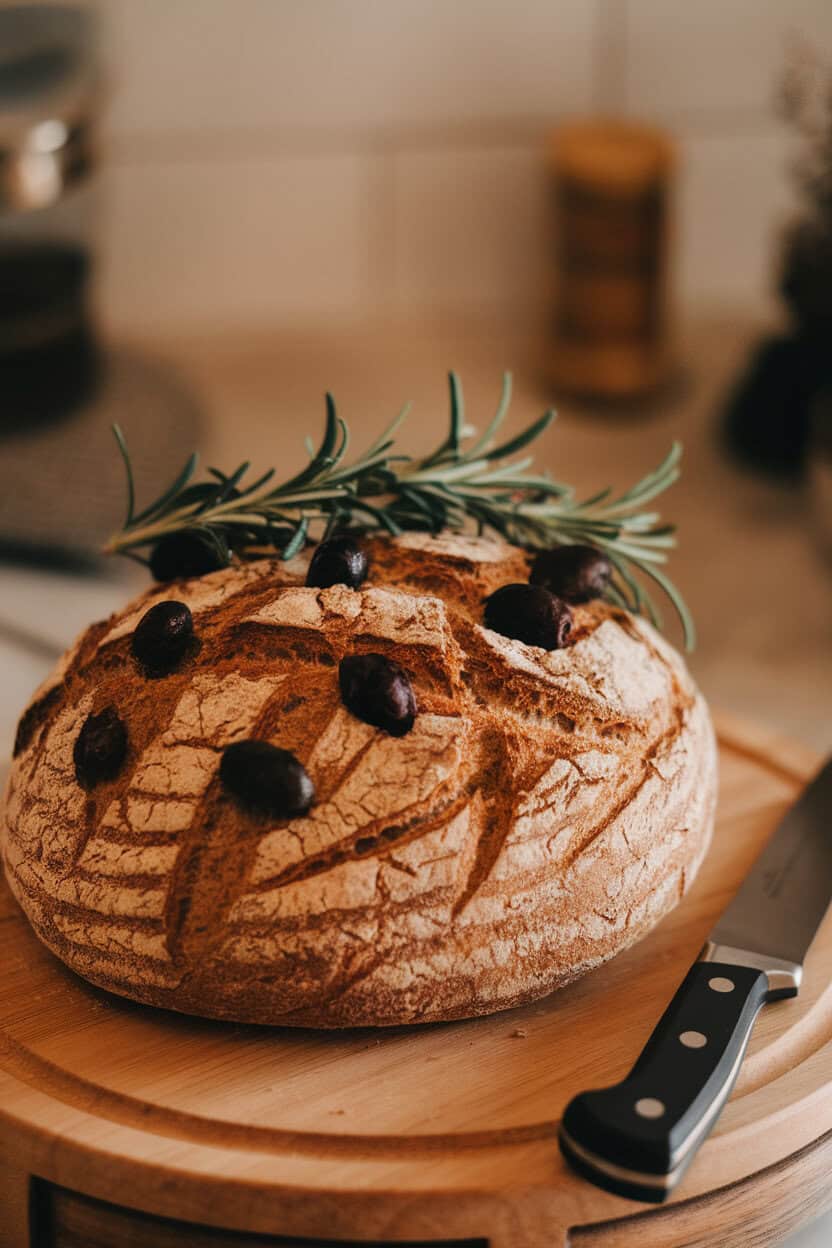 Indoor kitchen scene with a crusty round loaf studded with black olives and rosemary sprigs, slice cut to show pockets of olives. No text or logos.