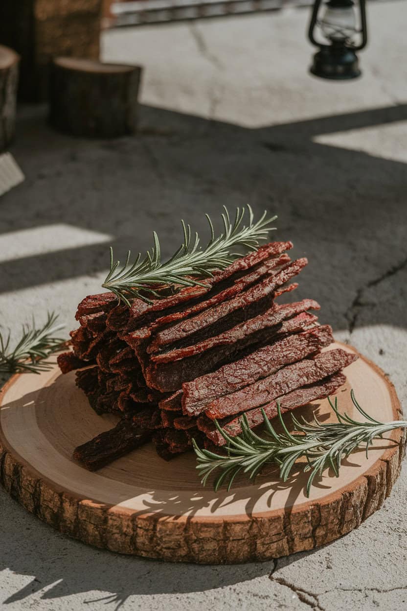 Indoor photo of rugged beef jerky strips stacked like firewood on a wooden board, garnished with rosemary “pine needles.” No text or logos.