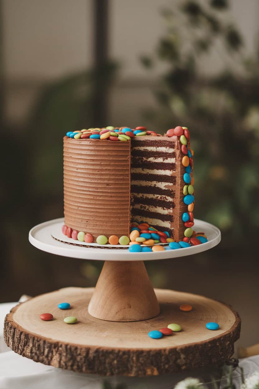 Indoor cake stand with a tall chocolate layer cake, a slice removed to reveal colorful candies spilling out. Soft side lighting; no text or logos. Photo only.