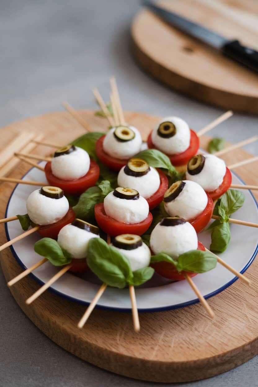 Photo, not illustration — indoor plate of bite-size skewers with mozzarella balls, basil, and cherry tomatoes sliced to reveal an olive pupil, resembling eyeballs; no text or logos