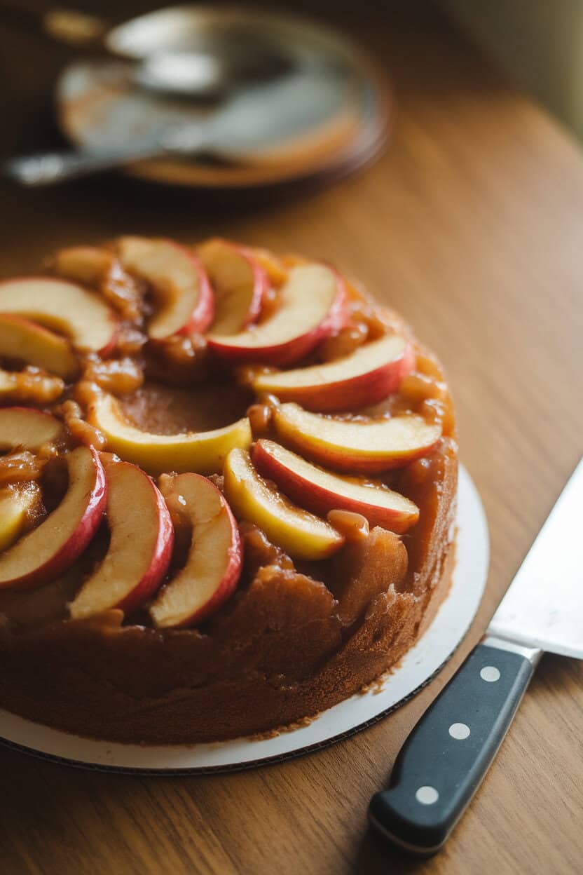 Indoor table with a just-inverted apple upside-down cake, caramelized apple rings on top, cake knife resting beside. No text or logos anywhere. Photo only.