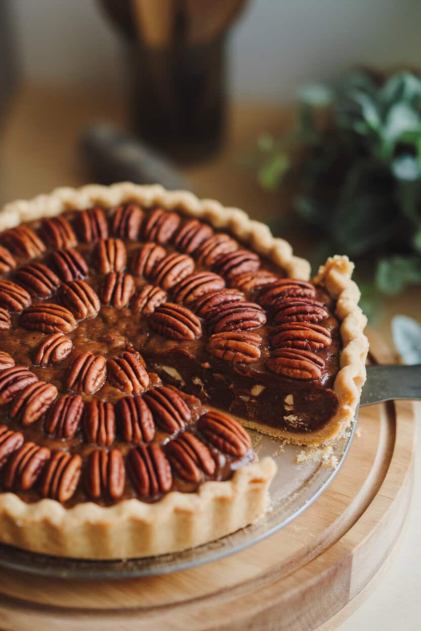 An indoor shot of a glossy pecan pie with pecan halves arranged in a neat pattern, one slice slightly pulled out. No text or logos. Photo, not illustration.