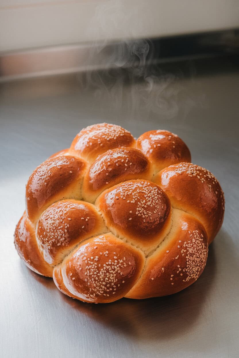 Braided challah loaf on an indoor counter, sesame seeds sprinkled over a glossy crust, steam faintly visible. No text or logos.