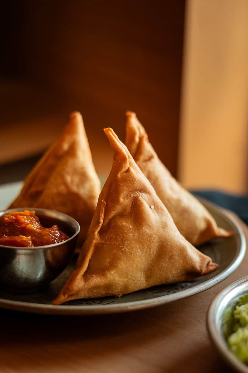 Photo of golden cooked lamb samosas on a plate with a small bowl of chutney, indoor lighting, no text or logos.