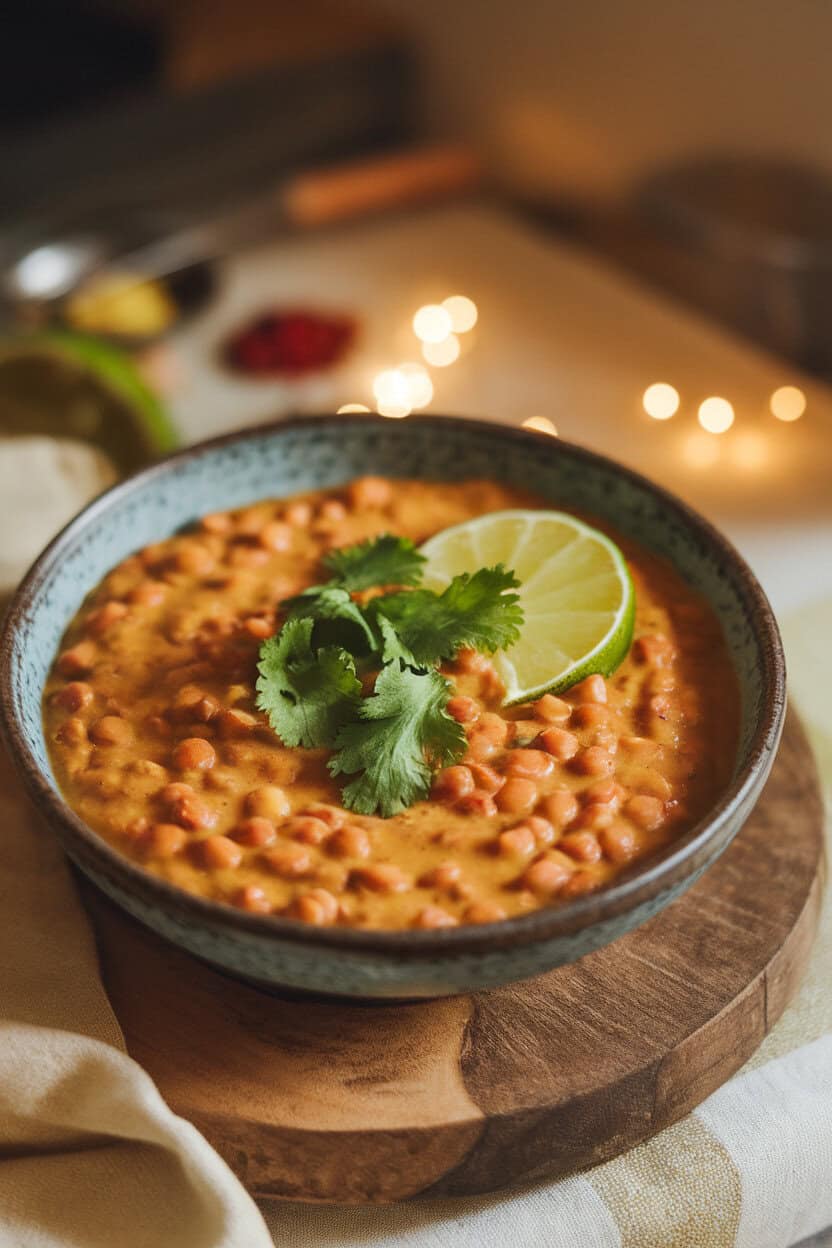 A shallow bowl of creamy red lentil dahl garnished with fresh cilantro and a wedge of lime, photographed indoors with warm lighting, no text or logos.