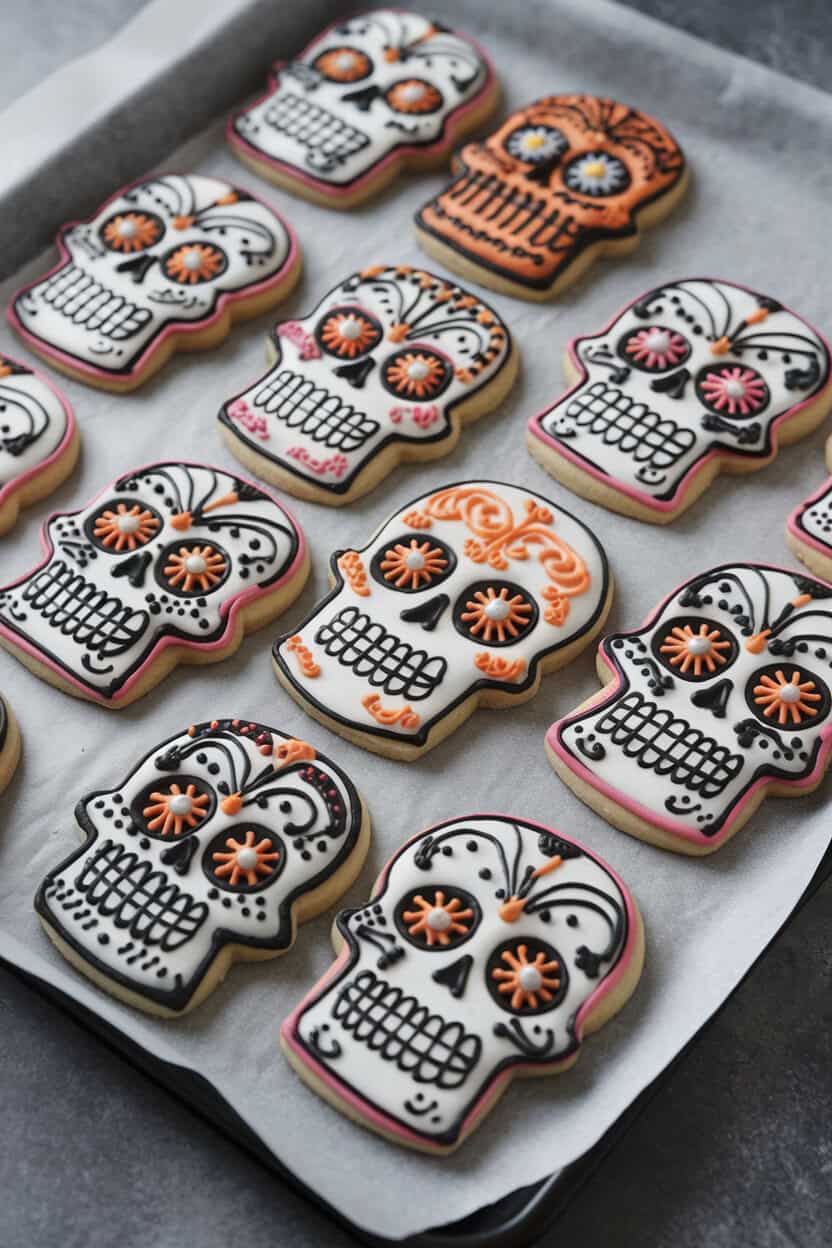 An indoor baking sheet of colorful skull-shaped sugar cookies with intricate icing patterns but no text. No logos; photo.