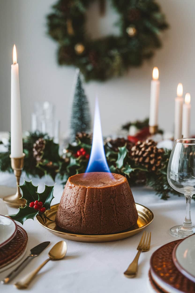 An indoor holiday table with a small round steamed figgy pudding, brandy ignited for a blue flame effect, holly garnish beside; no text or logos. Photo, not illustration.
