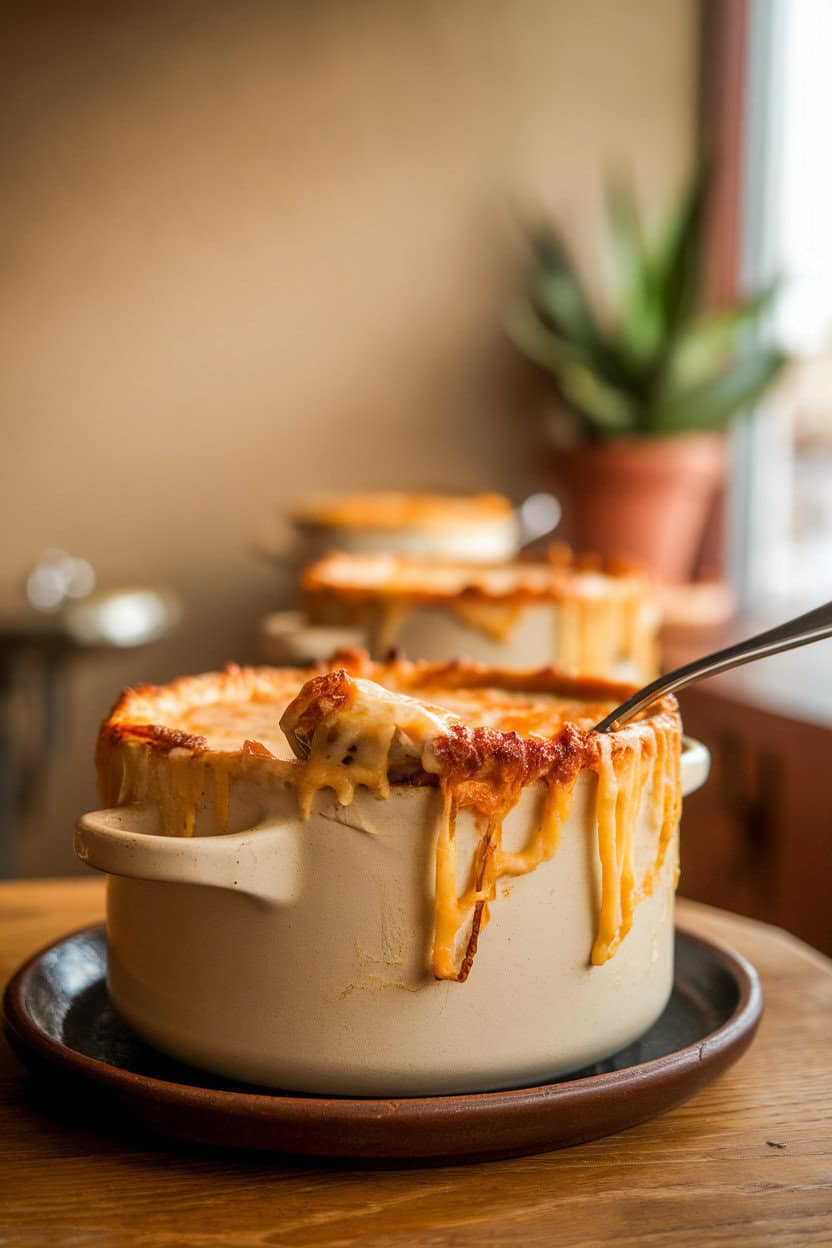 An indoor bistro-style scene featuring a crock of French onion soup with a thick cheese crust, edges browned and bubbling, a spoon breaking through. Photo only, no text or logos.