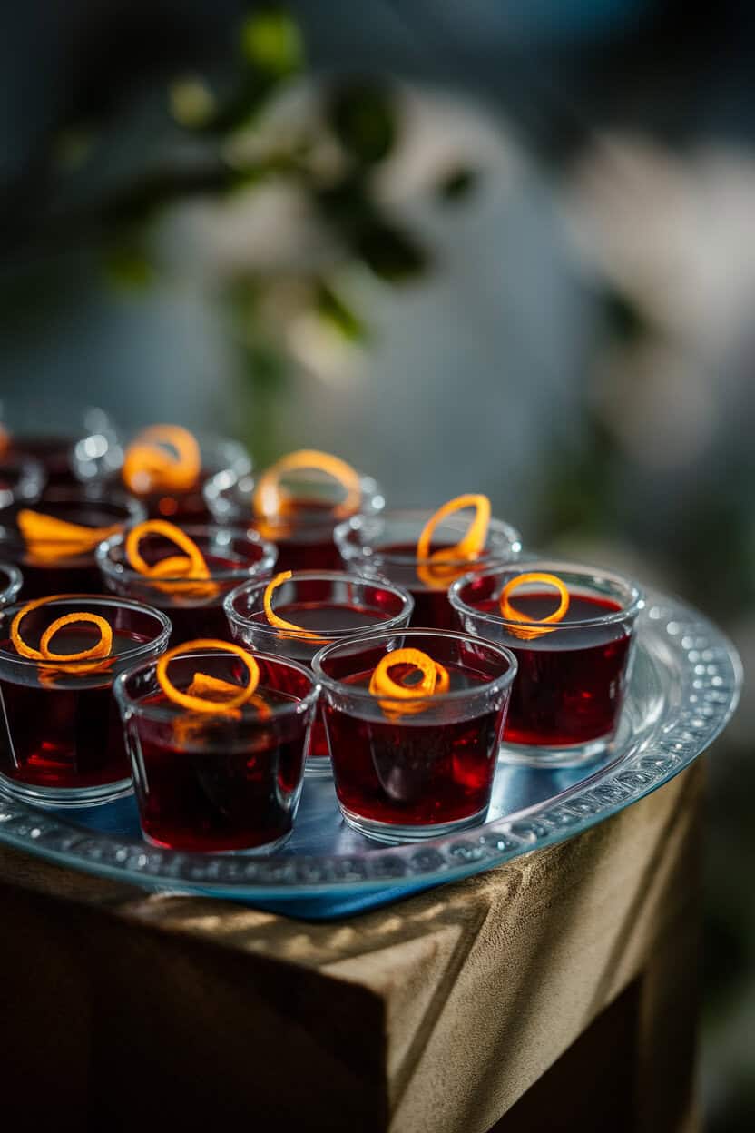 Indoor tray of small clear cups holding deep crimson gelatin topped with an orange zest curl, dramatic side lighting. No text or logos. Photo only.