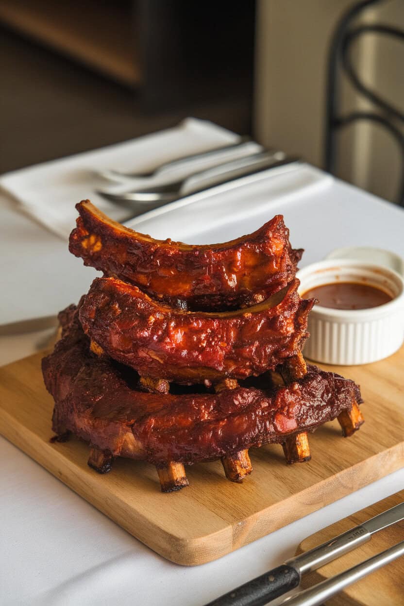 Photo of glazed, cooked lamb ribs stacked on a board with a ramekin of sauce, indoor dining setup, no text or logos.