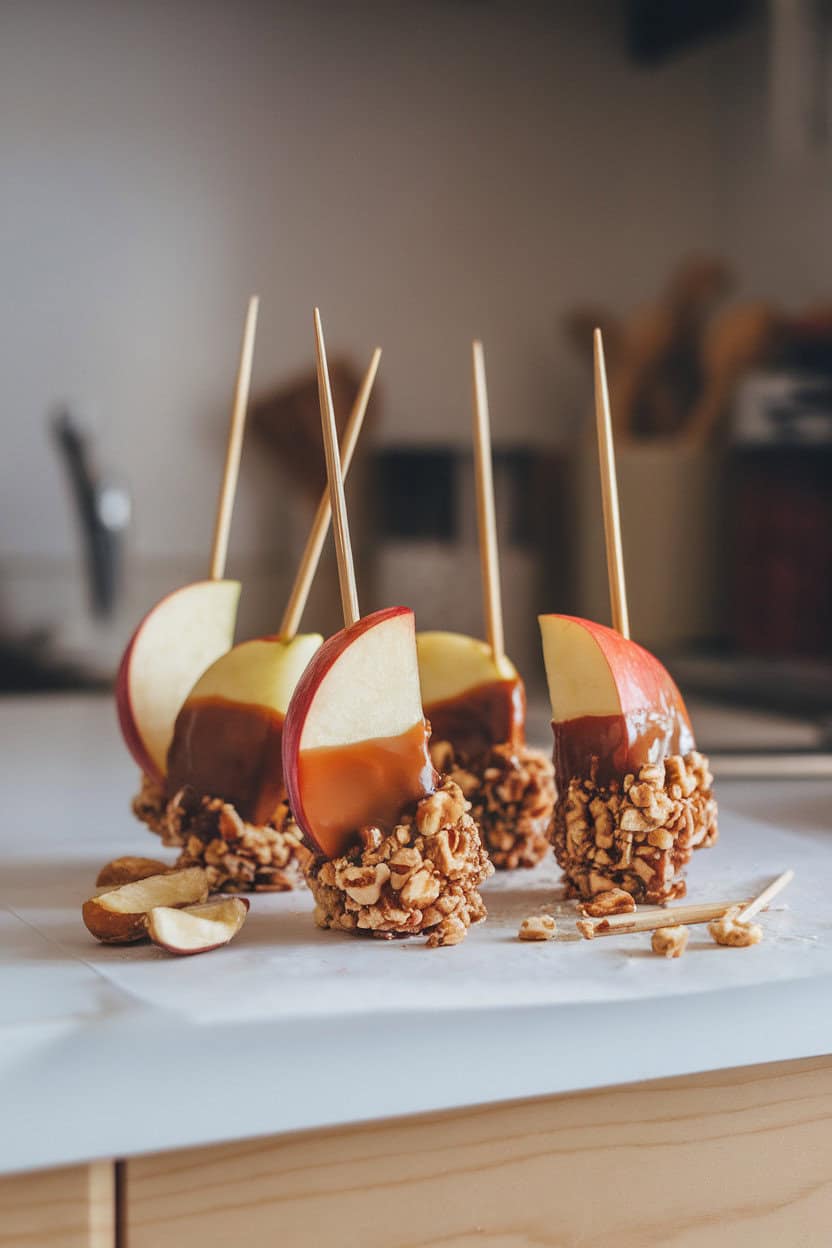 A kitchen counter scene featuring apple wedges skewered on sticks, half-dipped in glossy caramel and rolled in crushed nuts. Soft indoor daylight; no text or logos.