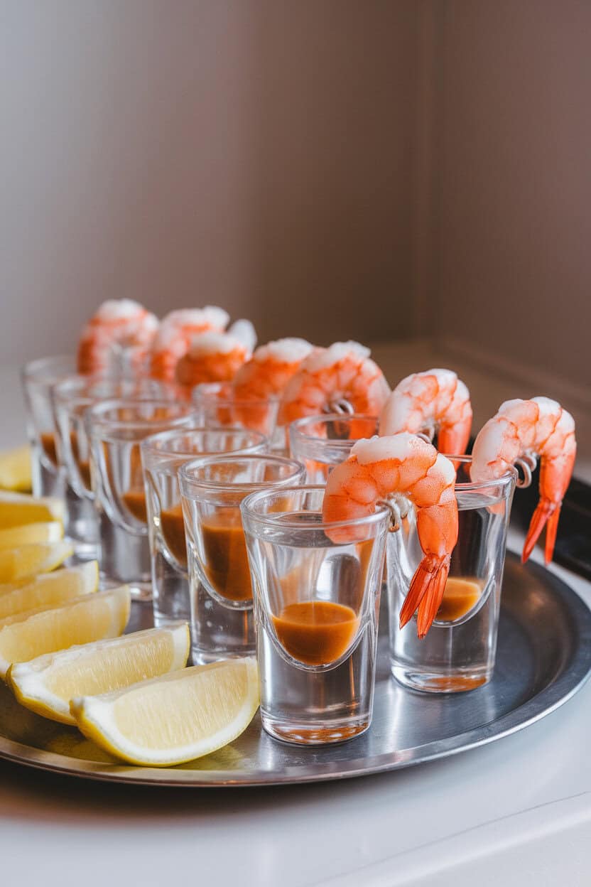 Photo of clear shot glasses lined up indoors on a tray, each with chilled cooked shrimp hooked on the rim and cocktail sauce at the bottom; lemon wedges on side, no logos