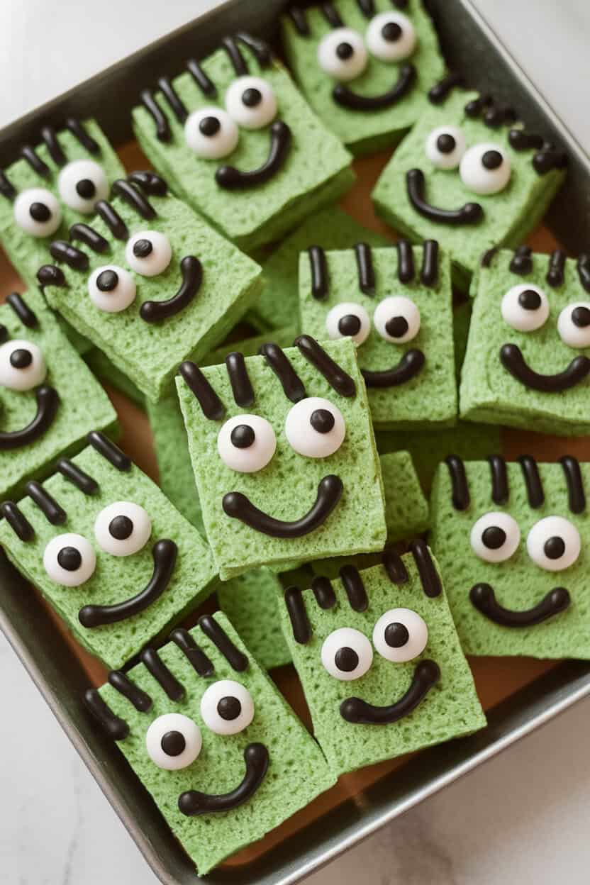 Photo, not illustration — indoor tray of green marshmallow-rice cereal squares decorated with black icing hair and candy eyes to resemble Frankenstein faces; playful lighting, no text or logos