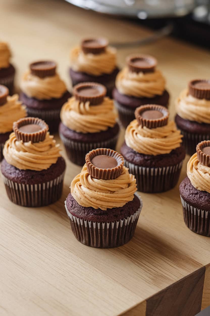 Indoor photo of chocolate cupcakes topped with peanut butter frosting and a mini peanut butter cup garnish, staged on a wooden countertop. No logos or text visible.