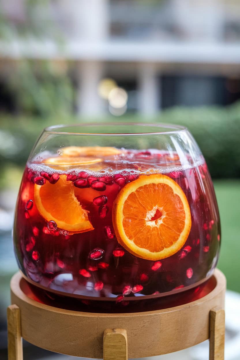 An indoor punch bowl brimming with ruby red punch, floating orange slices and pomegranate seeds, bubbles catching the light. No branding or text in scene.