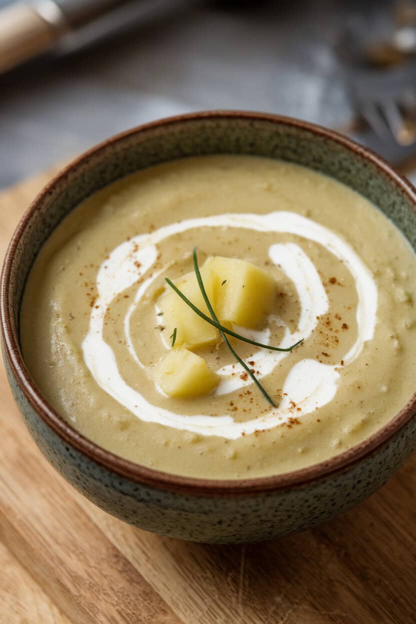 Indoor photo of a creamy bowl of leek and potato soup with a swirl of cream and chive garnish. No text or logos.
