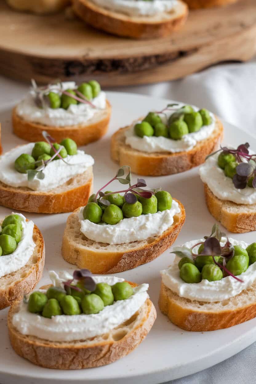 Indoor platter with toasted baguette rounds topped with whipped ricotta and smashed sweet peas, garnished with microgreens. No text or logos visible.