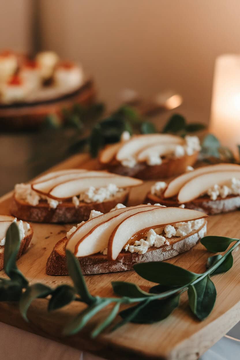 An indoor appetizer tray featuring toasted baguette slices topped with pear slices, crumbled gorgonzola, and honey drizzle, warm light, no logos.