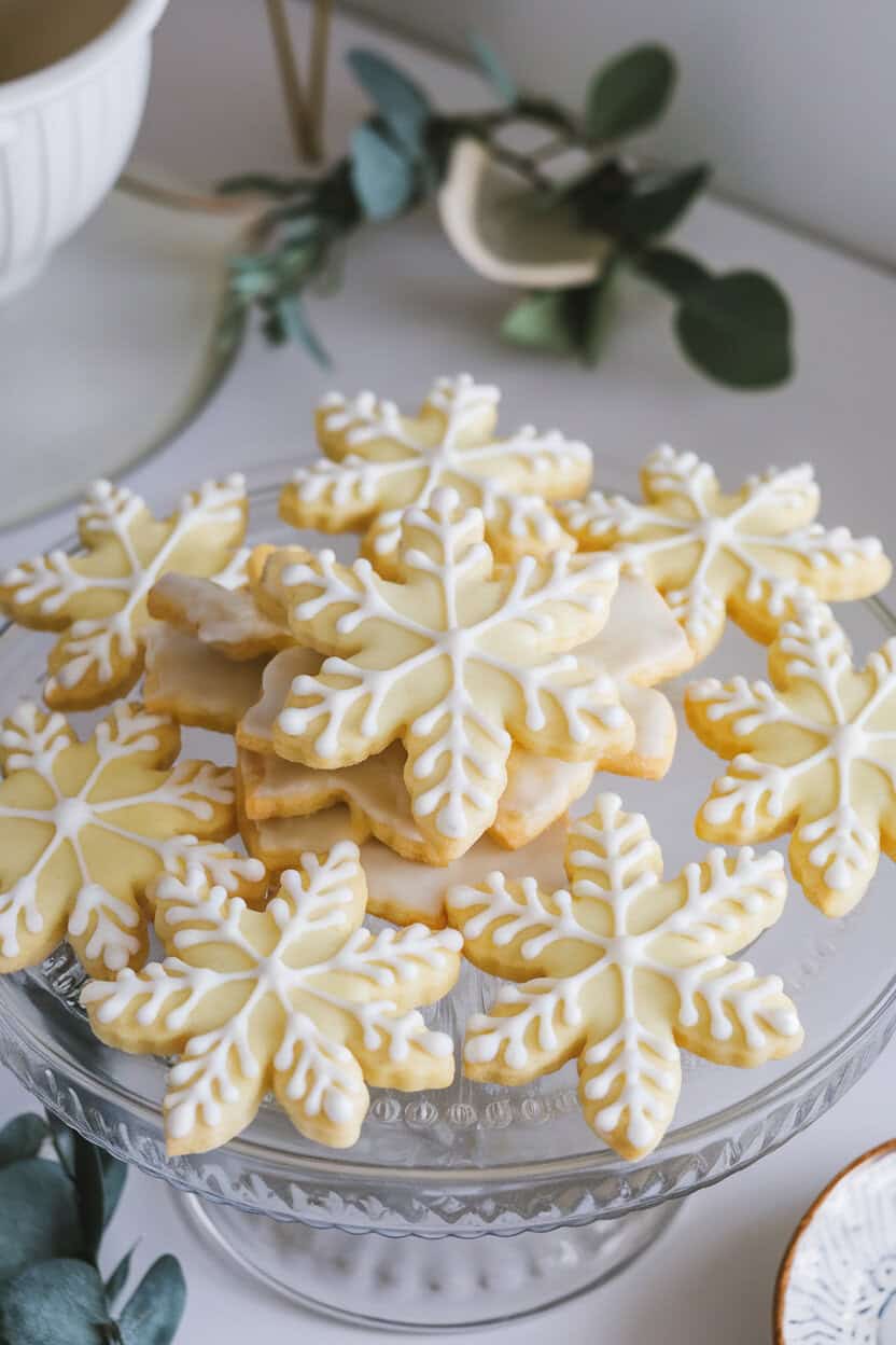 Delicate lemon sugar cookies cut into snowflake shapes and iced with white royal icing, displayed indoors on a glass platter. No text or logos. Photo, not illustration.