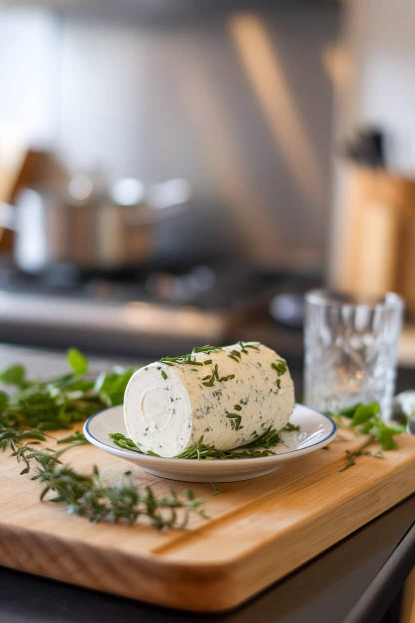 Indoor tabletop image of a plain chèvre log rolled in chopped fresh herbs, placed on a small white plate. No text or logos.