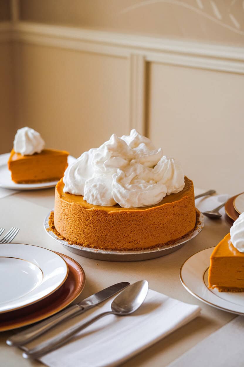 An indoor dining table with a light and airy pumpkin chiffon pie topped with billowy whipped cream. No text or logos.