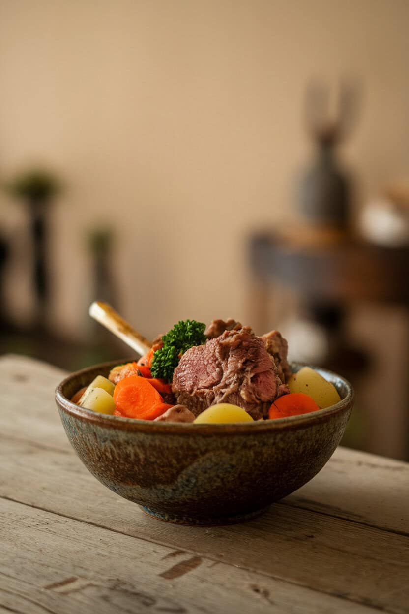 Photo of a rustic bowl of cooked lamb stew with carrots, potatoes, and parsley, placed on an indoor wooden table, no text or logos.