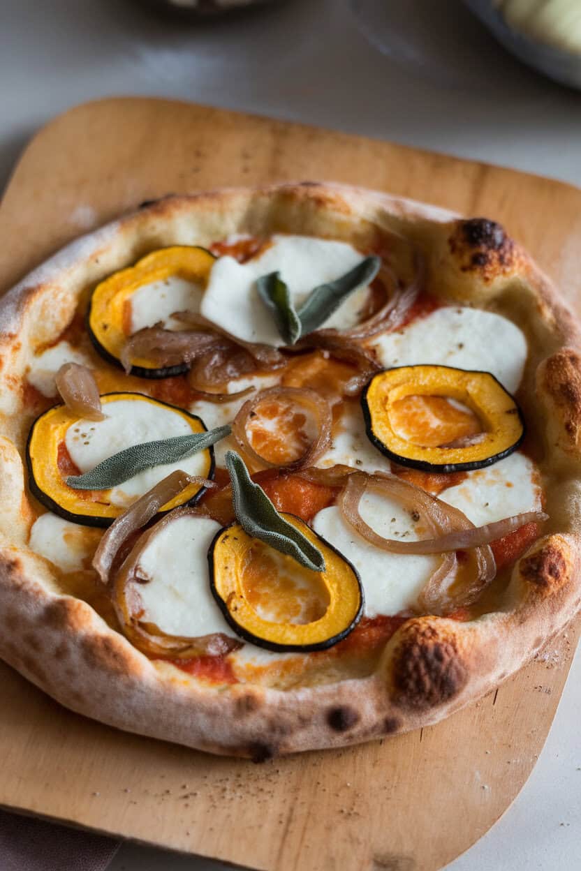 Indoor photo of a rustic pizza topped with thin squash slices, caramelized onions, sage, and mozzarella; golden crust on a wooden peel, no text or logos.