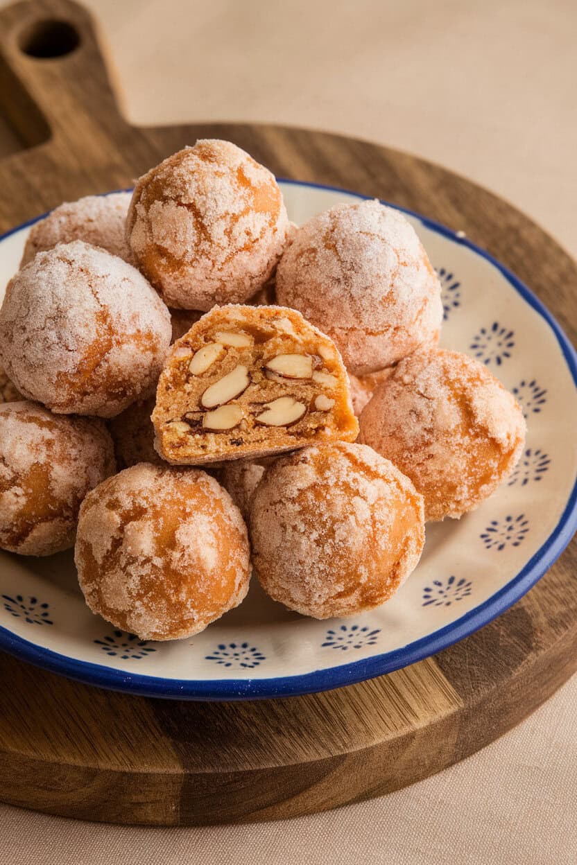 An indoor ceramic plate featuring crumbly, round polvorones, one broken open to reveal fine almond interior, a light sugar coating on all. No text or logos. Photo, not illustration.