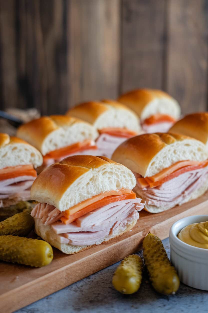 Indoor photo of mini brioche rolls split and filled with carved turkey and smoked gouda, arranged on a long board with baby pickles and mustard pots alongside. No text or logos.