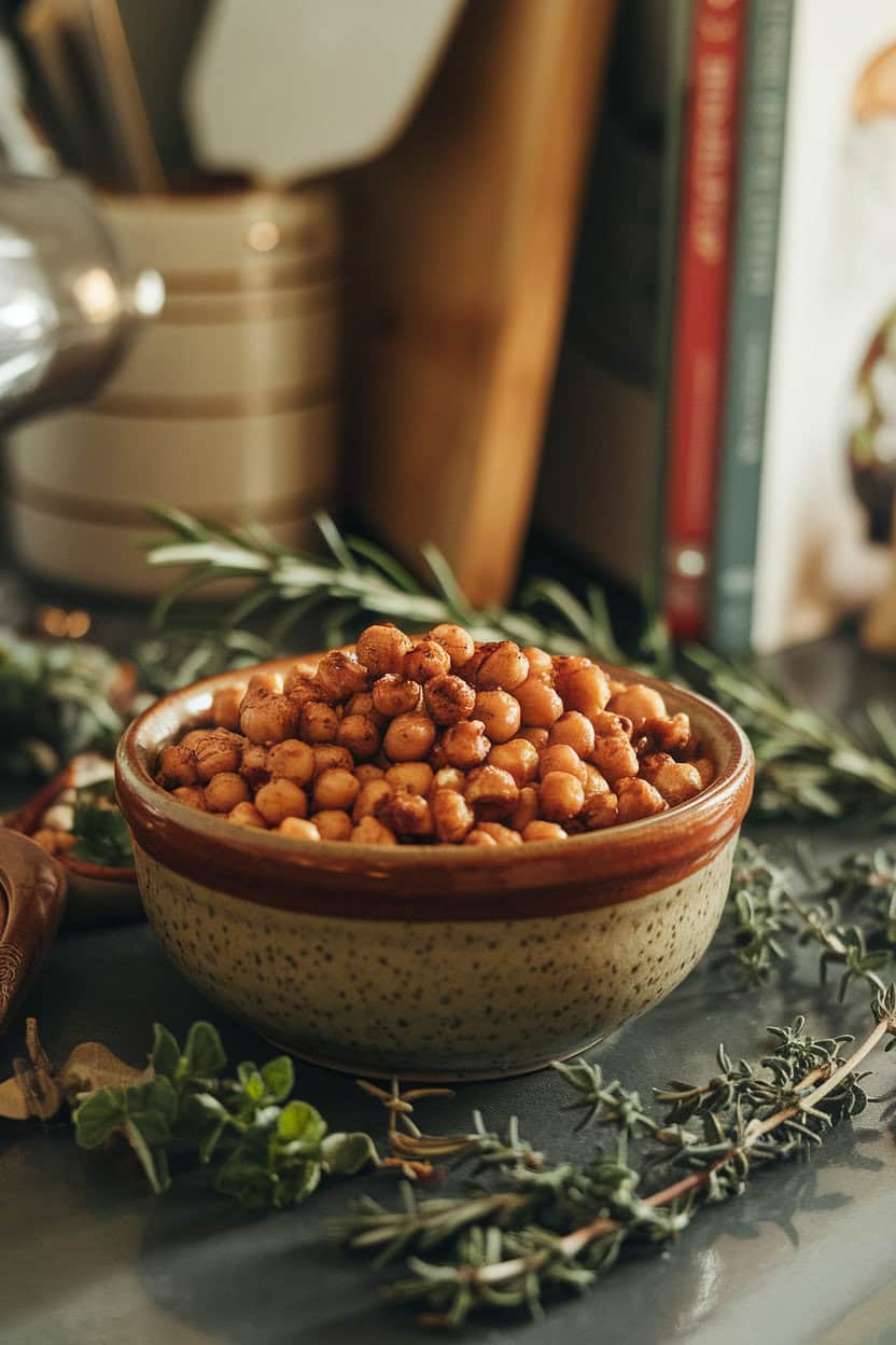A ceramic bowl on an indoor countertop holding glistening cinnamon-sugar roasted chickpeas, diffused warm lighting, no logos.