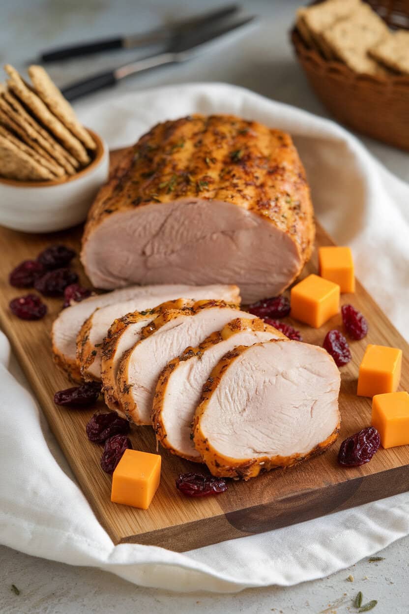 Indoor photo showing sage-rubbed roasted turkey breast slices, dried cranberries, cheddar cubes, and multigrain crackers. No text or logos.