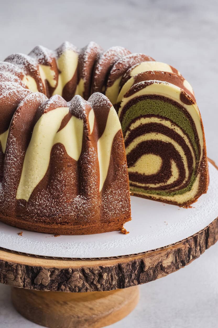 Indoor photo of a Bundt cake sliced to reveal chocolate, matcha, and vanilla swirls mimicking camouflage, light dusting of powdered sugar, no text or logos
