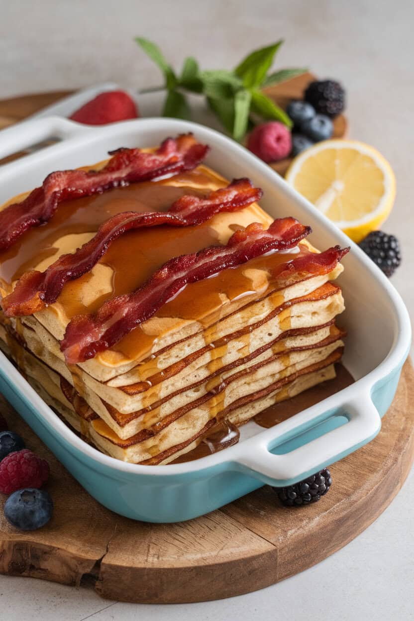 Indoor brunch scene featuring a casserole with fluffy pancake layers studded with bacon and a glossy maple glaze on top. No branding or text. Photograph.