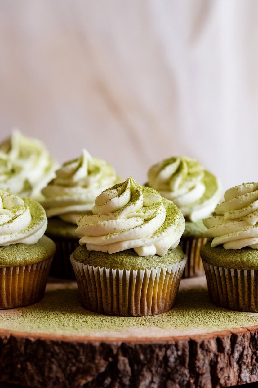 Indoor photo of pastel green matcha cupcakes with whipped mascarpone frosting and a dusting of matcha powder, shot on a clean white backdrop. No text or logos.