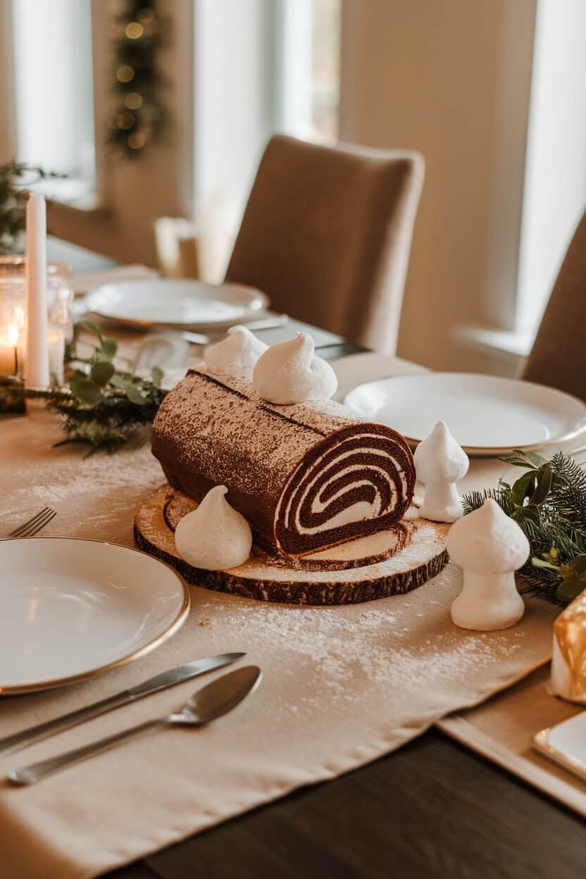 A warmly lit indoor dining table with a sliced chocolate sponge roll frosted to resemble a log, meringue mushrooms and a dusting of powdered sugar “snow” around it; no text or logos. Photo, not illustration.