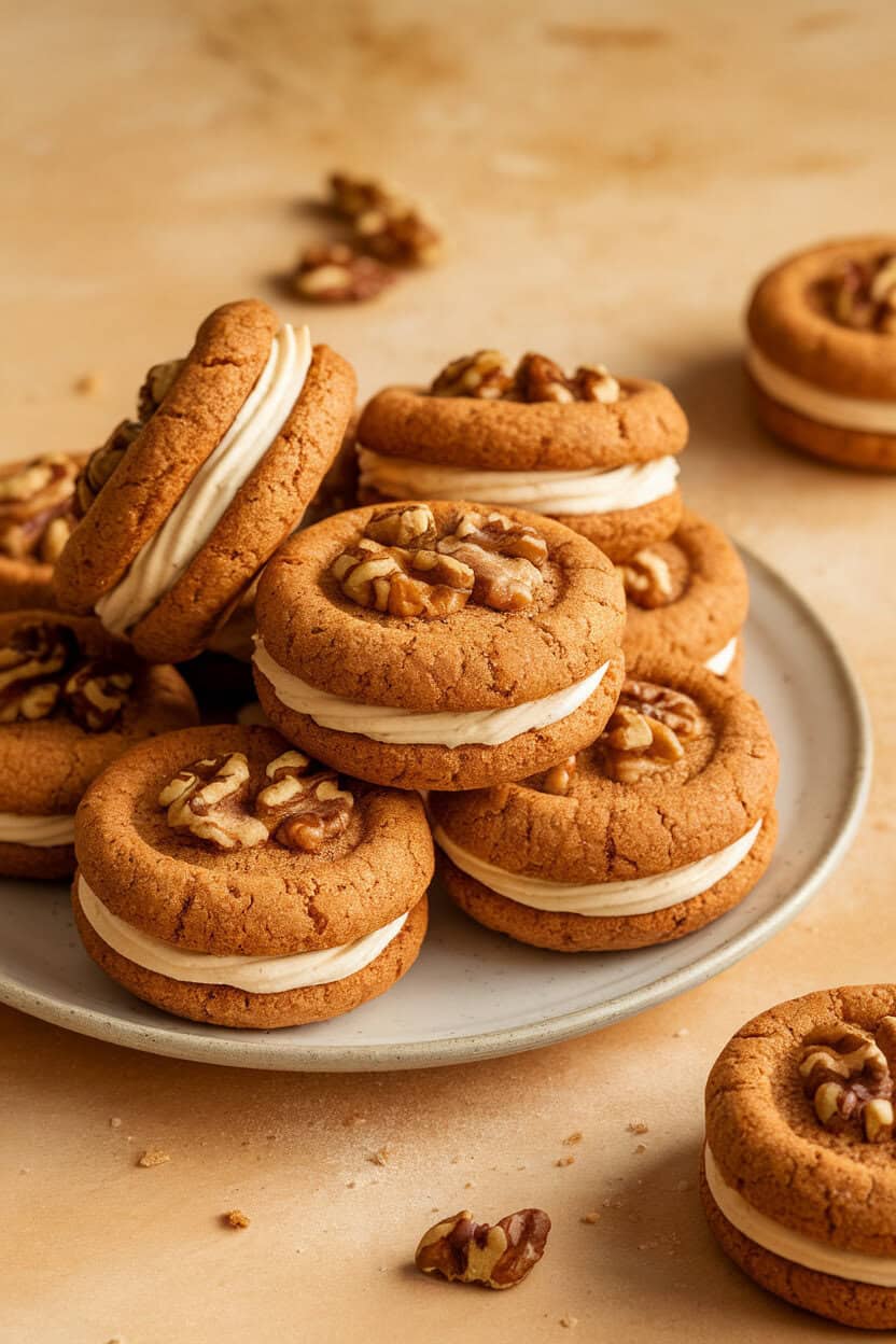 Soft indoor scene of sandwich cookies with maple cream filling visible between two walnut-speckled rounds. No text or logos in frame.