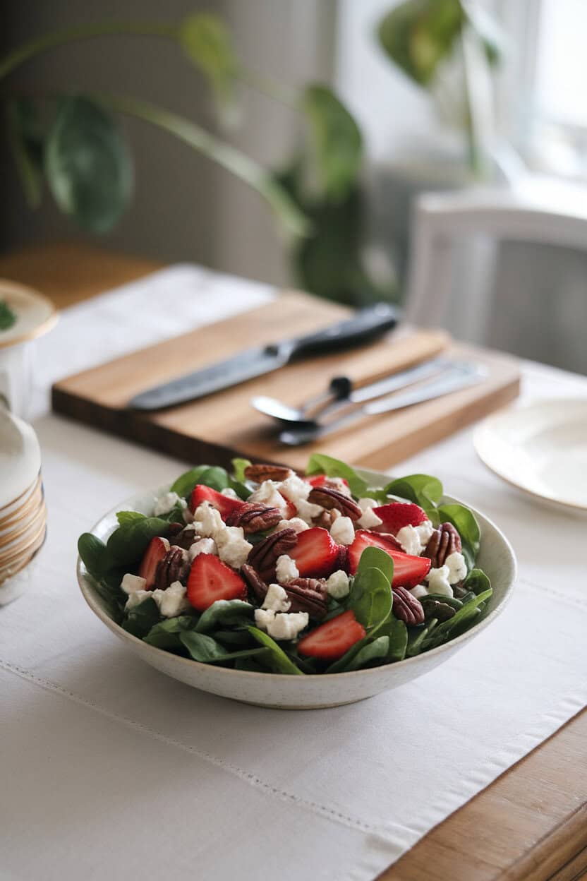 A softly lit indoor table with a wide salad bowl of baby spinach, halved strawberries, toasted pecans, and crumbled goat cheese, lightly dressed. No text or logos; photo, not illustration.