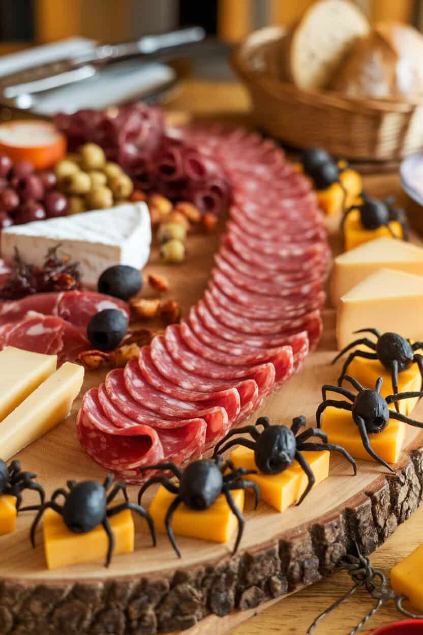 A warmly lit indoor wooden cheese board displaying folded salami slices winding like a river, dotted with black olive “spiders” perched on cheddar cubes. No text or logos anywhere in the scene. Photo only.