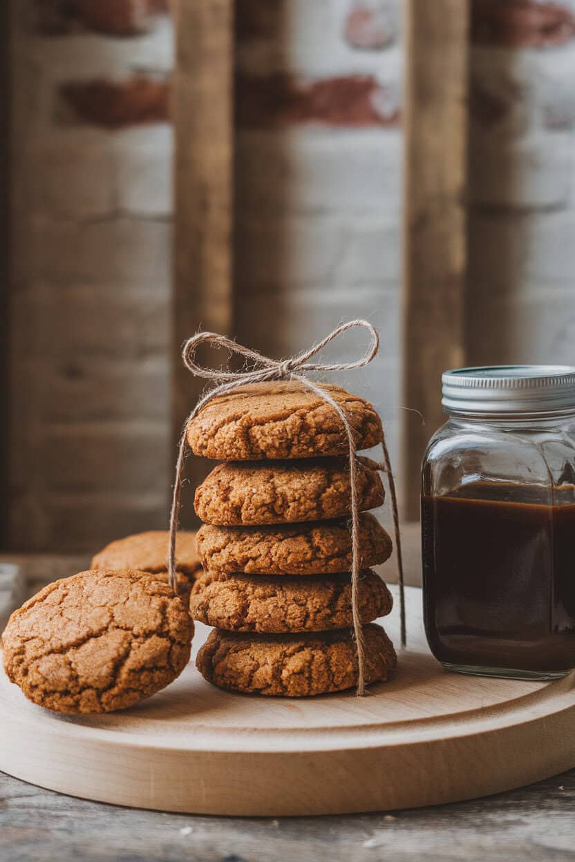 Photo prompt: Indoors, a stack of triple ginger molasses cookies tied with twine beside a jar of molasses, no text or logos.